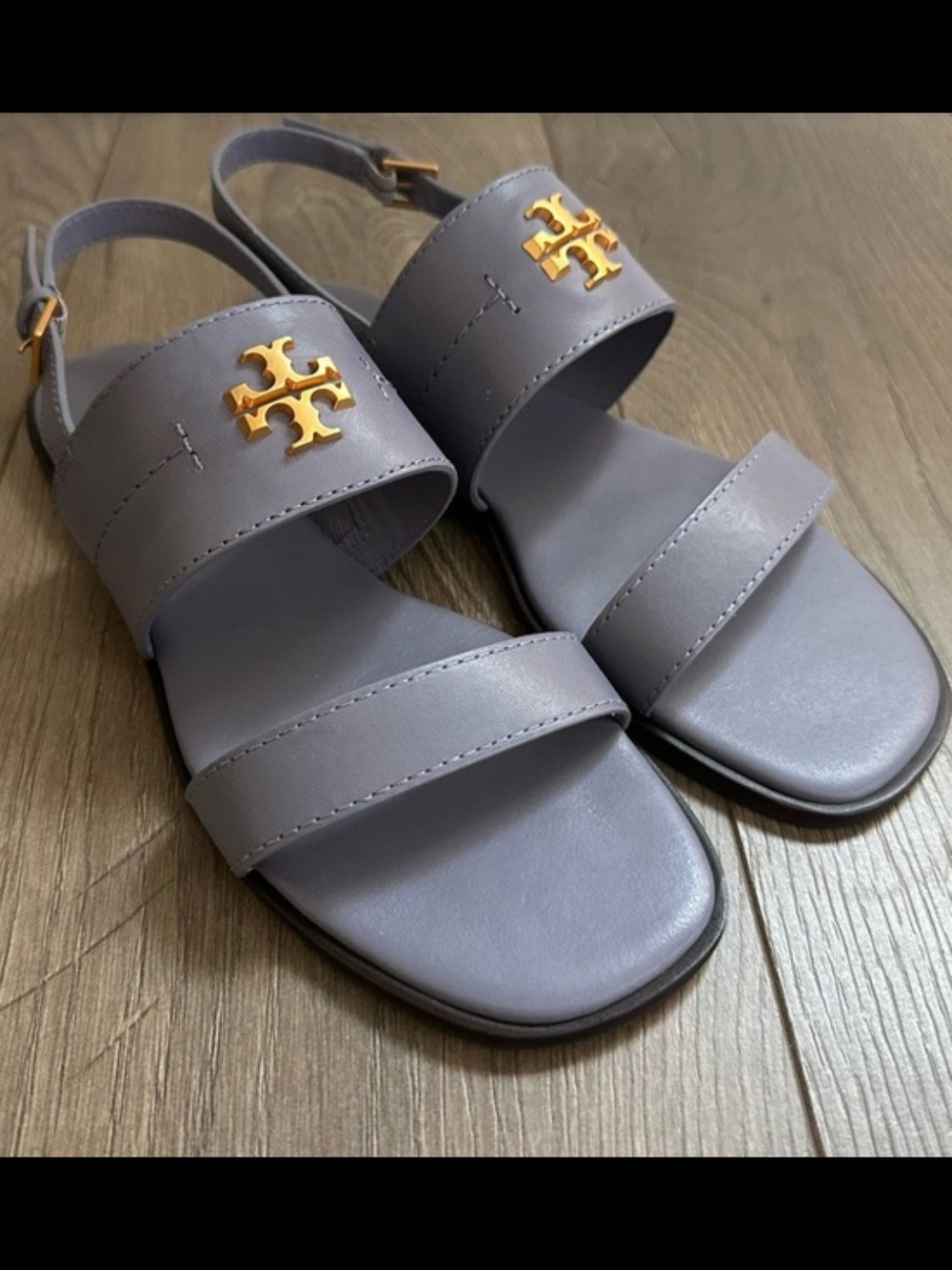 Tory Burch Lavender Gray Double-Strap Slingback Sandals with Gold Logo